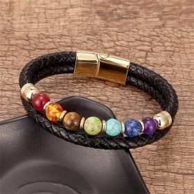 Colorful 8mm Stone Beaded Vintage Leather Natural Stone Bracelet (Color: Gold Magnetic Snap B)
