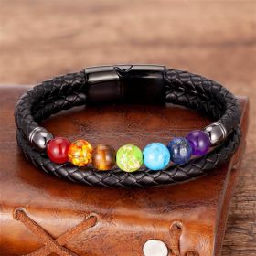 Colorful 8mm Stone Beaded Vintage Leather Natural Stone Bracelet (Color: Black Magnetic Snap A)