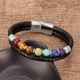 Colorful 8mm Stone Beaded Vintage Leather Natural Stone Bracelet (Color: White Magnetic Snap B)
