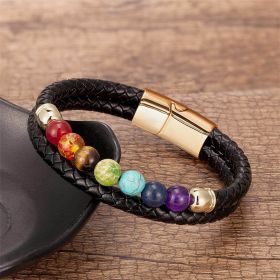 Colorful 8mm Stone Beaded Vintage Leather Natural Stone Bracelet (Color: Gold Magnetic Snap A)