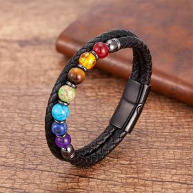 Colorful 8mm Stone Beaded Vintage Leather Natural Stone Bracelet (Color: Black Magnetic Snap B)