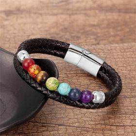 Colorful 8mm Stone Beaded Vintage Leather Natural Stone Bracelet (Color: White Magnetic Snap A)