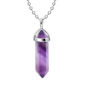 Natural Stone Hexagon Prism Crystal Pendant Necklace Multicolor (Color: Amethyst Chain)