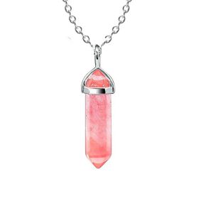 Natural Stone Hexagon Prism Crystal Pendant Necklace Multicolor (Color: Watermelon Red Chain)