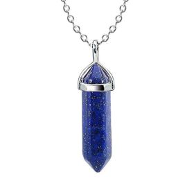 Natural Stone Hexagon Prism Crystal Pendant Necklace Multicolor (Color: Lapis Lazuli Chain)