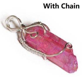 Creative Products Handmade Winding Natural Crystal Column Rough Stone Pendant (Color: Rose Red	With Chain)