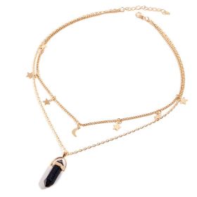 Natural Stone Hexagon Prism Pendant Necklace Multilayer Fashion Simple Star Moon Women's Necklace (Color: Blue Shark)