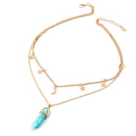 Natural Stone Hexagon Prism Pendant Necklace Multilayer Fashion Simple Star Moon Women's Necklace (Color: Turquoise)
