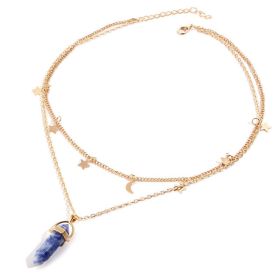 Natural Stone Hexagon Prism Pendant Necklace Multilayer Fashion Simple Star Moon Women's Necklace (Color: Blue Dot White)