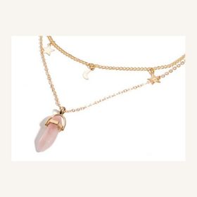 Natural Stone Hexagon Prism Pendant Necklace Multilayer Fashion Simple Star Moon Women's Necklace (Color: Pink crystal)