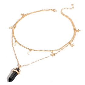 Natural Stone Hexagon Prism Pendant Necklace Multilayer Fashion Simple Star Moon Women's Necklace (Color: Black)